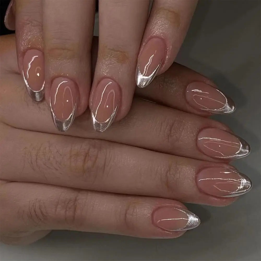 Long Almond & Ballerina Cat Eye Press-On False Nails – Stylish Nail Art Set