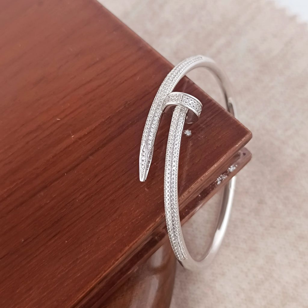 925 Sterling Silver Diamond Bezel Open Cuff Bangle – Micro Pave Rhodium Bracelet