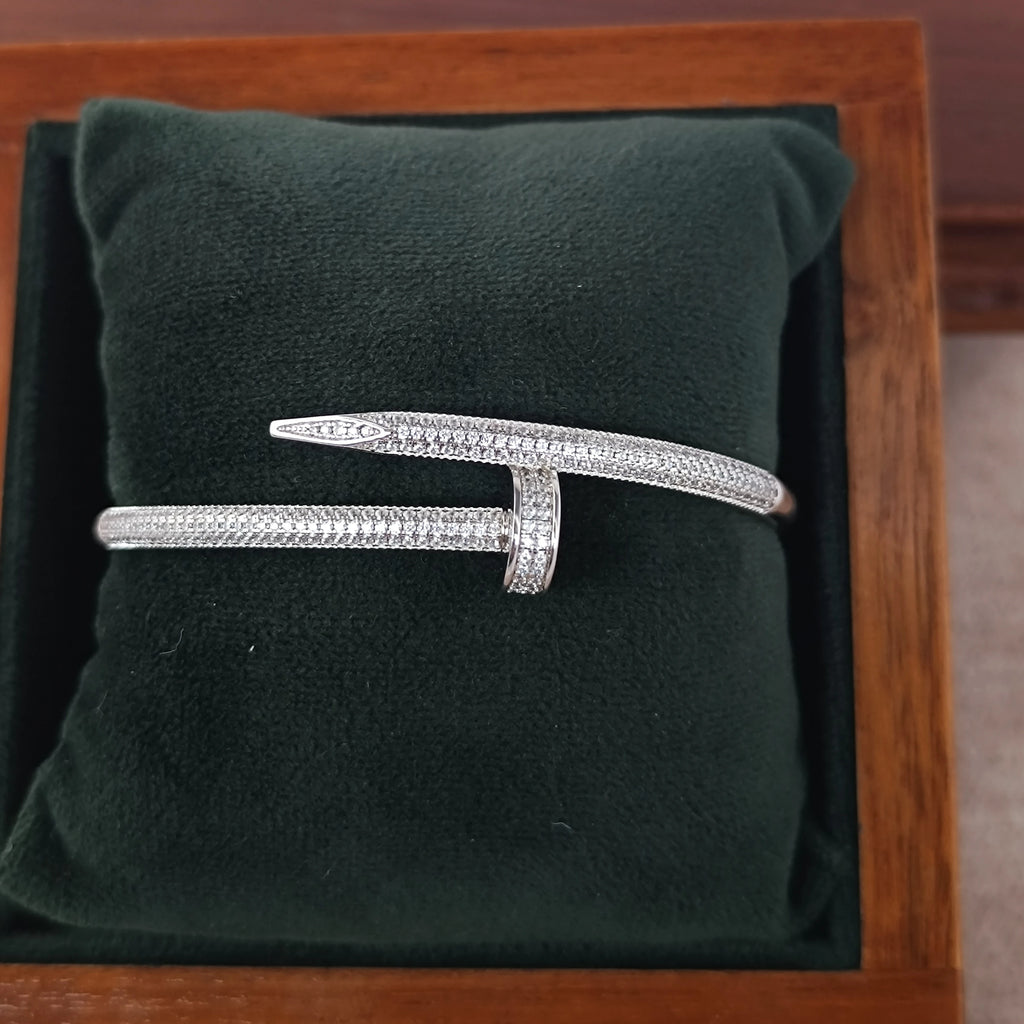 925 Sterling Silver Diamond Bezel Open Cuff Bangle – Micro Pave Rhodium Bracelet