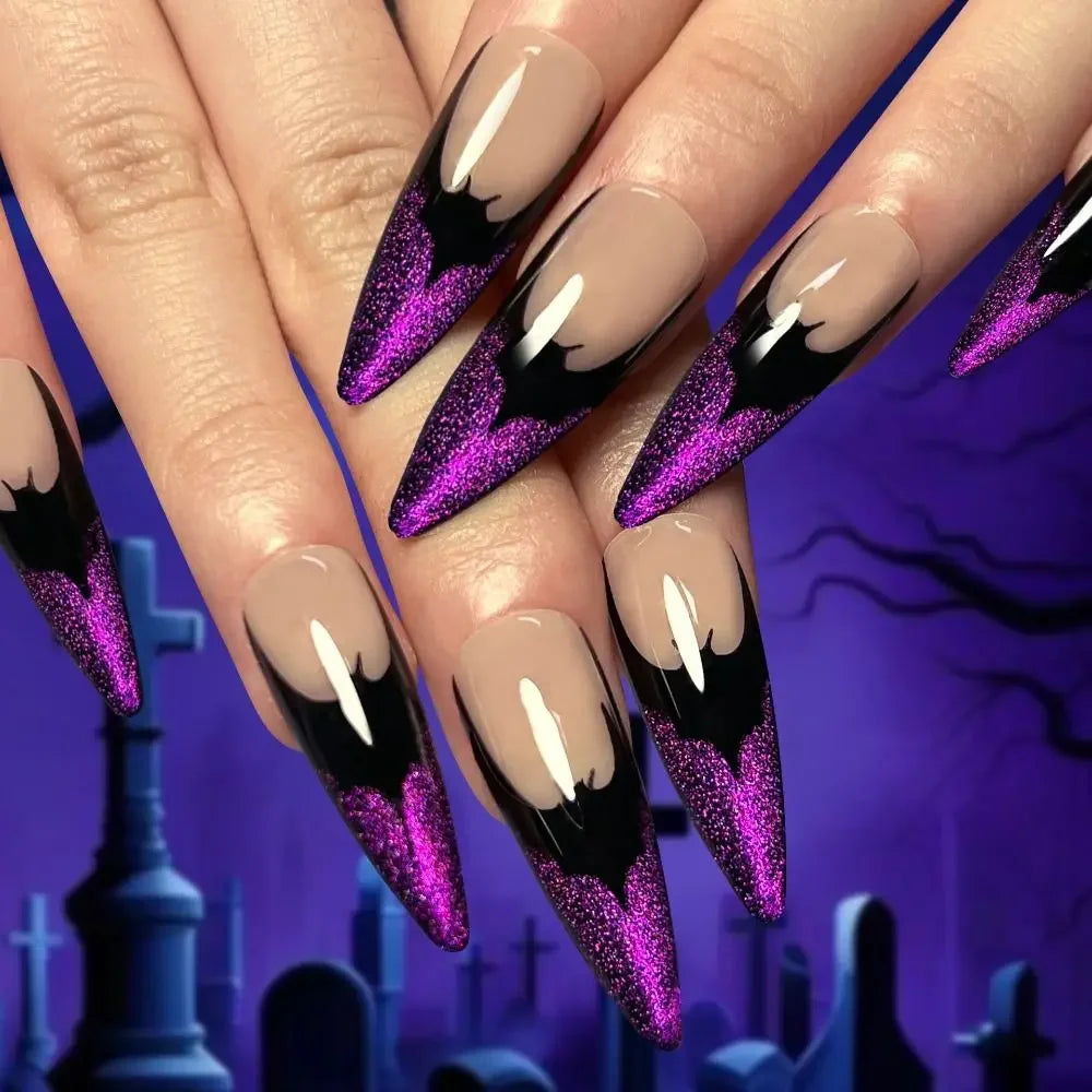 24pcs Halloween Bat Press-On Nails | Stiletto & Ballerina Almond Nail Tips | DIY Nail Art