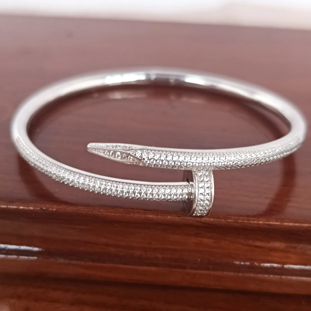925 Sterling Silver Diamond Bezel Open Cuff Bangle – Micro Pave Rhodium Bracelet